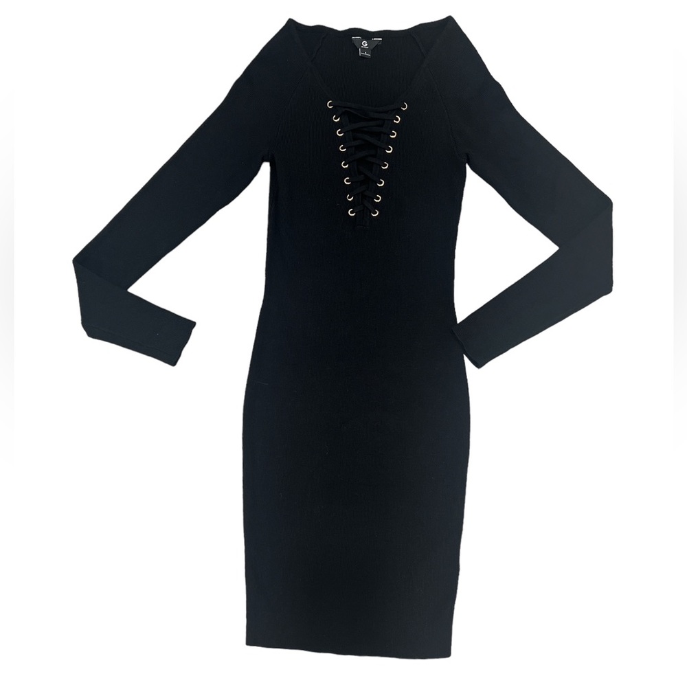 New G by Guess Bodycon Dress Small Women's Lace Up Neckline Stretch Knit